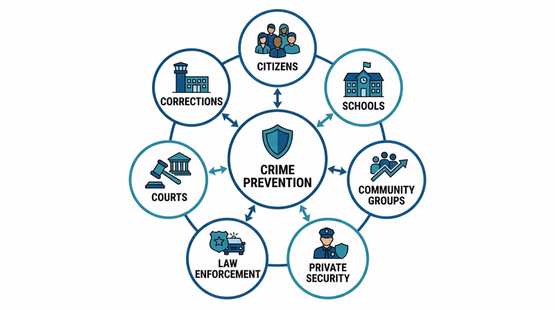 An illustrated diagram showing seven interconnected groups that contribute to crime prevention arranged in a circle with arrows showing how they work together