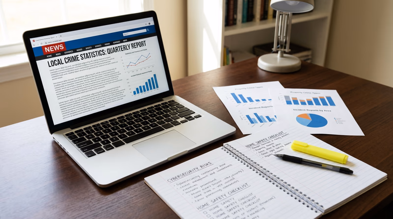 A teen's desk with a laptop showing a news website, a notebook with handwritten notes, and printed crime statistics charts