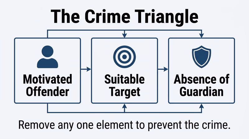 A triangular diagram showing the Crime Triangle with three vertices labeled Motivated Offender, Suitable Target, and Absence of Guardian