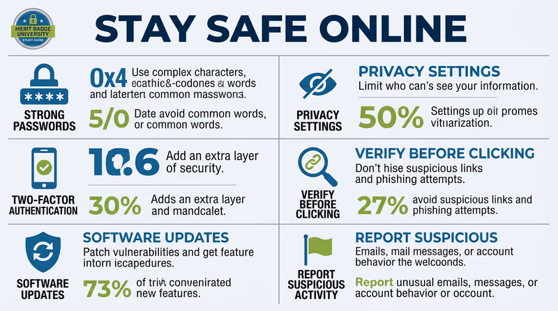 Infographic showing six online security best practices including strong passwords, two-factor authentication, software updates, privacy settings, verifying links, and reporting suspicious activity
