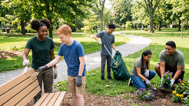 A group of teenagers working together on a community service project, cleaning up a park and demonstrating positive peer influence