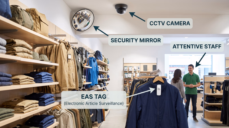 Interior of a retail store showing visible security measures — a convex mirror in the corner, a security camera on the ceiling, an EAS gate at the exit, and an attentive employee on the sales floor