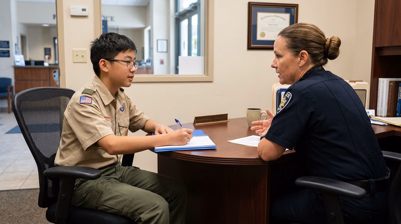 A teenager in Scout uniform sitting across a desk from a community police officer in a police station office, with a notebook open and a conversation in progress