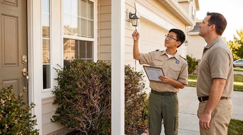 A teenager with a clipboard and an adult walking along the outside of a residential home, looking up at exterior lighting and noting observations