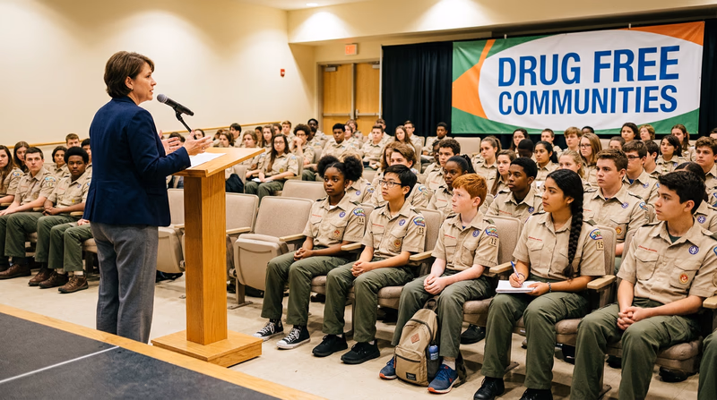 A school assembly with a speaker at a podium and a drug awareness banner, with attentive teenagers in the audience