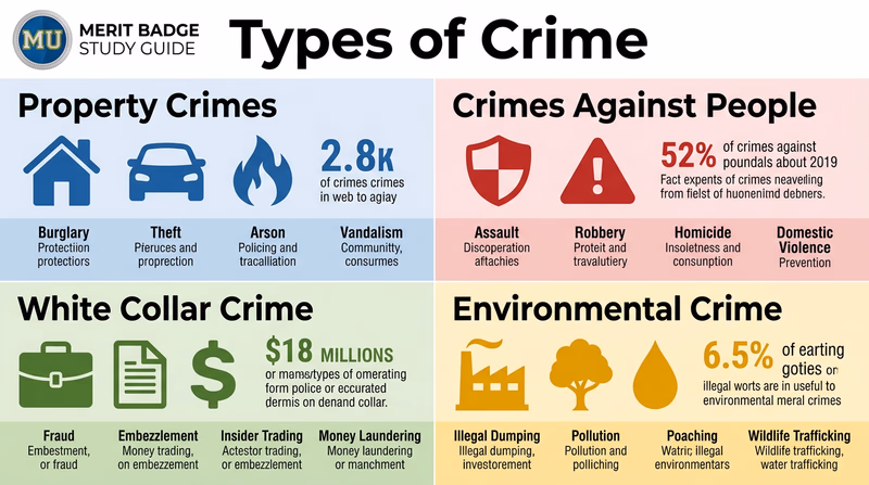 Infographic showing four categories of crime — property crimes, crimes against people, white collar crime, and environmental crime — each with representative icons and brief descriptions