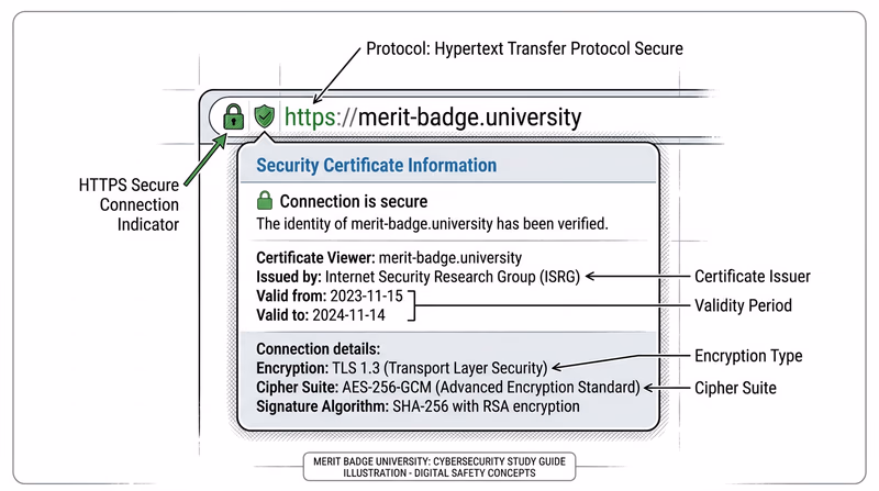 Browser address bar showing padlock icon and HTTPS URL with expanded certificate information panel