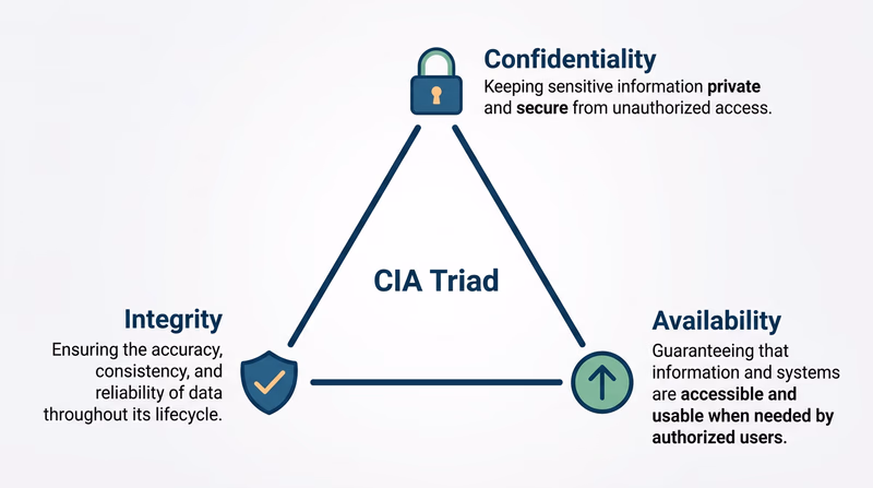 The CIA Triad triangle diagram showing Confidentiality, Integrity, and Availability