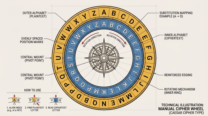 A colorful cipher wheel with outer and inner alphabet rings offset for encoding and decoding messages