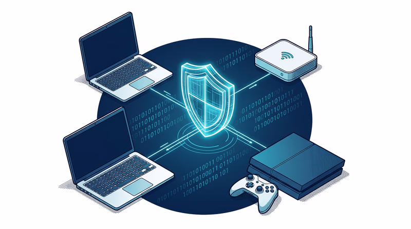 A glowing digital shield icon overlaid on a network of connected devices including a laptop, smartphone, smart home hub, and gaming console