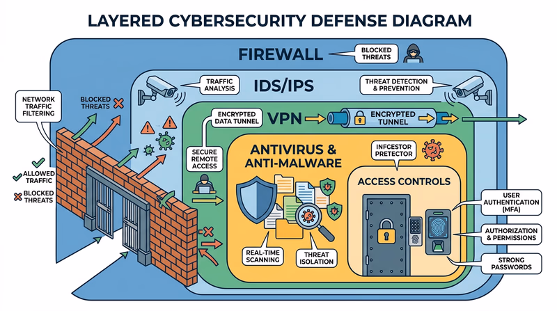 Layered defense diagram showing Firewall, IDS/IPS, VPN, Antivirus, and Access Controls from outer to inner