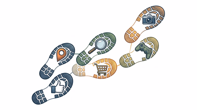 A trail of digital footprints containing icons for social media, location, search, shopping, and gaming