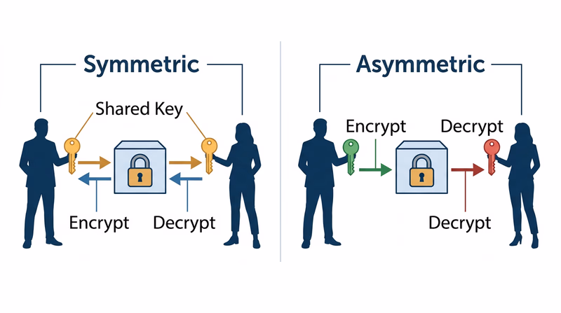 Diagram comparing symmetric encryption (one shared key) and asymmetric encryption (public and private key pair)