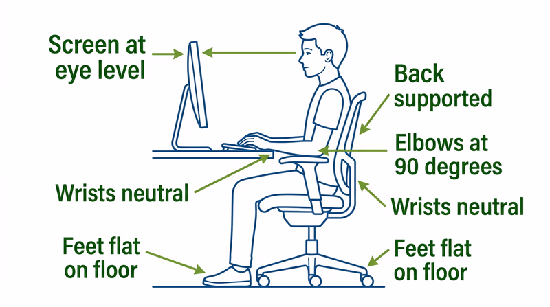 Side-view diagram of proper computer workstation ergonomics showing screen at eye level, elbows at 90 degrees, feet flat on floor