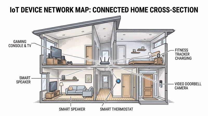 Cutaway house showing IoT devices in different rooms connected by dotted lines to a central Wi-Fi router