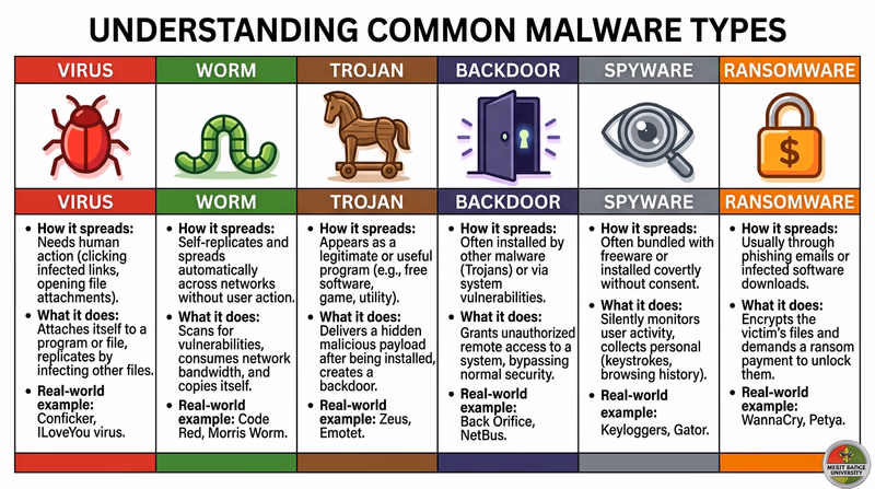 Comparison chart of six malware types: Virus, Worm, Trojan, Backdoor, Spyware, and Ransomware
