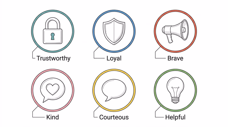 Six points of the Scout Law represented as icons connected to digital scenarios: Trustworthy, Loyal, Brave, Kind, Courteous, and Helpful