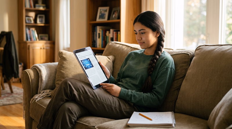 A teenager sitting on a couch reading a tablet showing a cybersecurity news article, with notepad nearby