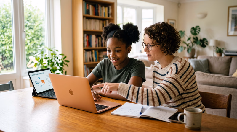 A teenager and parent sitting together at a desk looking at a laptop screen in a well-lit living room
