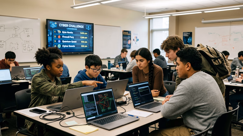 Four teenagers gathered around laptops in a CTF-style cybersecurity competition with a scoreboard in the background