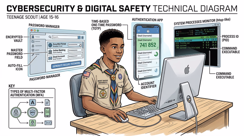 A teenager at a computer with floating panels showing a password manager, authenticator app, and terminal with running processes