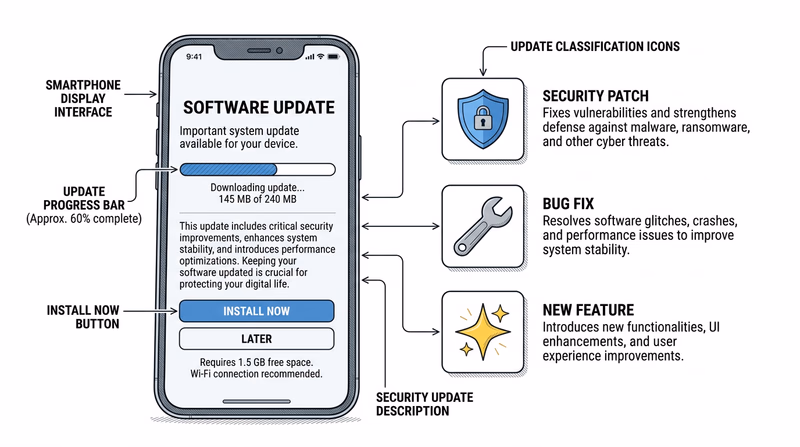 Smartphone showing software update notification with icons for security patches, bug fixes, and new features
