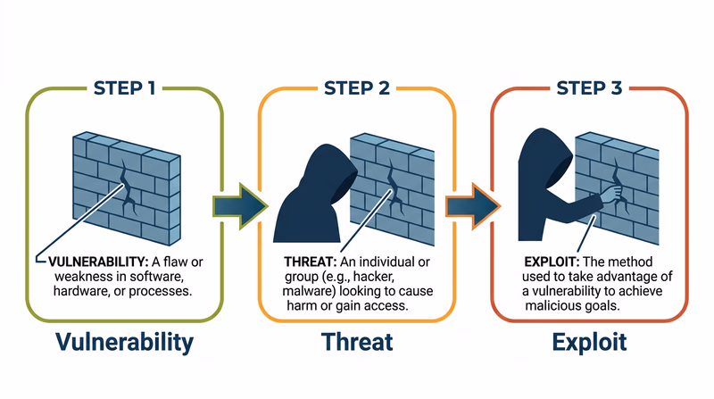 Three-step attack chain diagram: Vulnerability (cracked wall), Threat (figure noticing the crack), Exploit (figure reaching through)