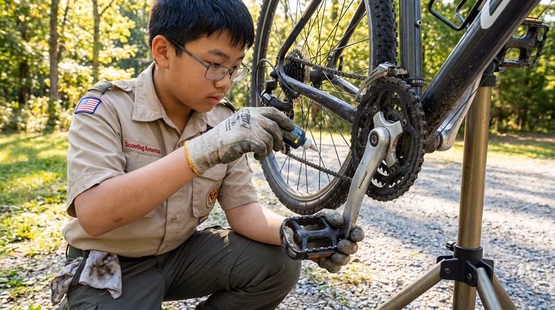 Close-up of a Scout applying chain lubricant to a bicycle chain, with the bike on a repair stand