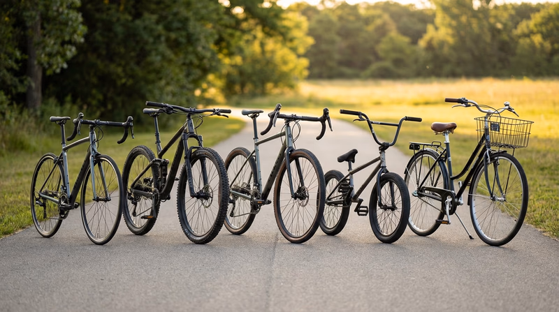 Several types of bicycles side by side: road bike, mountain bike, gravel bike, BMX, and commuter bike