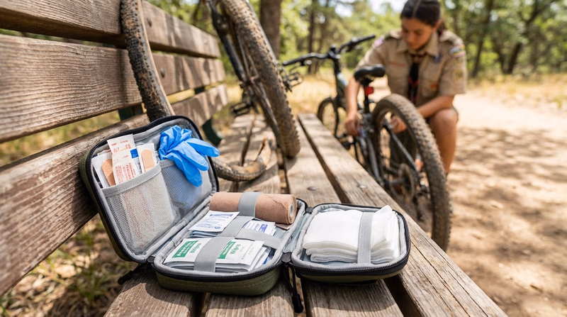 An open compact first-aid kit on a park bench next to a bicycle, showing bandages, gloves, antiseptic wipes, and moleskin