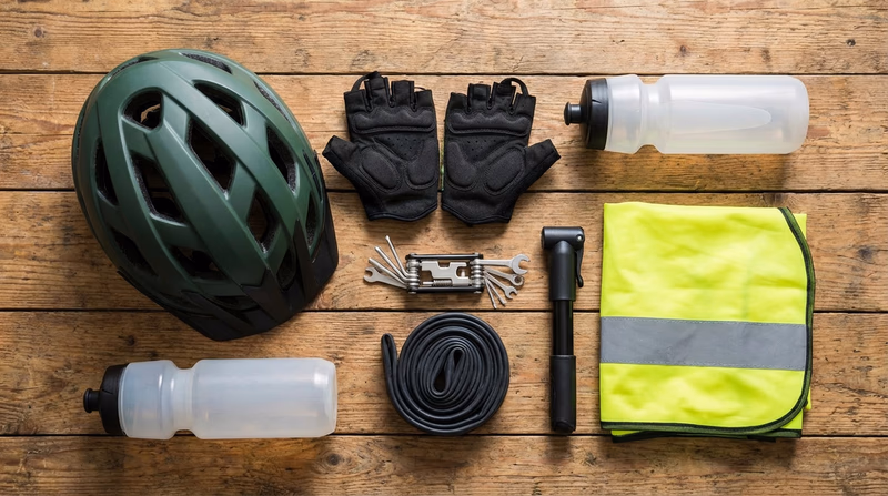 Flat-lay photo of essential cycling gear: helmet, gloves, water bottle, multi-tool, spare tube, pump, and reflective vest arranged neatly
