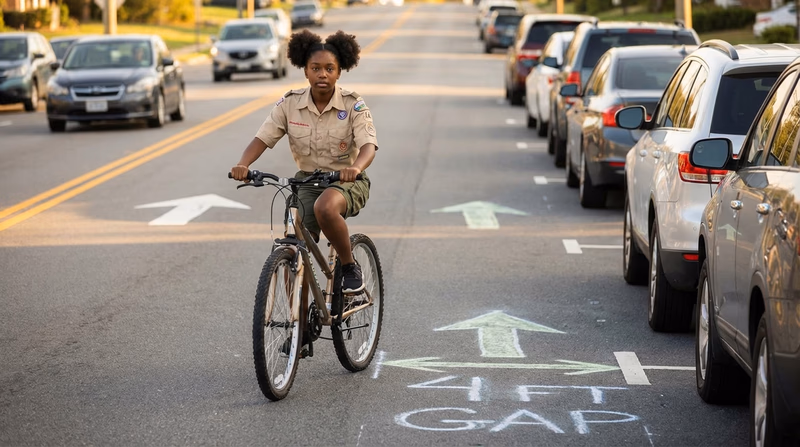 Diagram showing a cyclist riding in the correct lane position on a two-lane road, with arrows indicating traffic flow and safe distance from parked cars