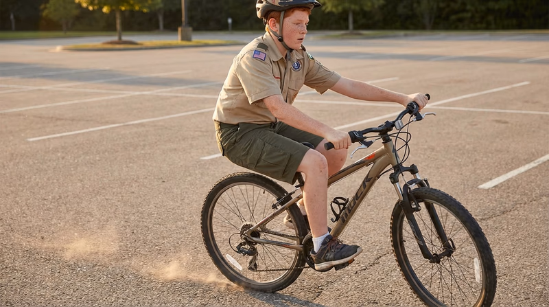 Side view of a Scout demonstrating an emergency stop on a bicycle, weight shifted back, both brakes engaged