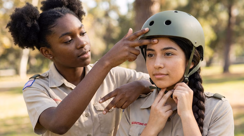 Close-up of a Scout demonstrating the 2-V-1 helmet fitting method, showing proper strap positioning