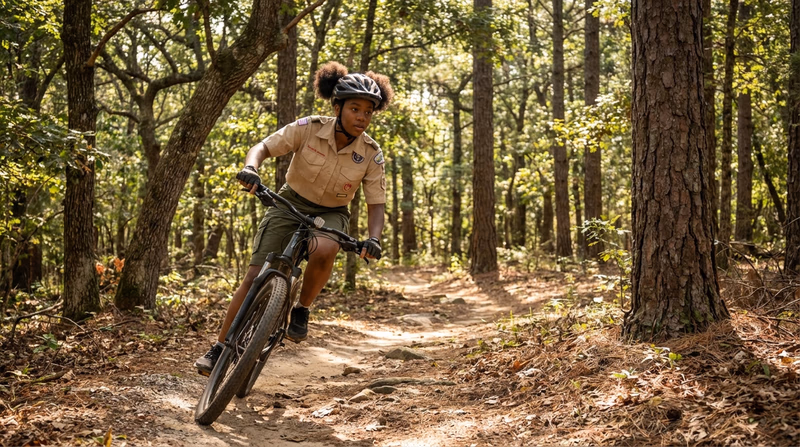 A Scout riding a mountain bike on a forest singletrack trail with trees and dappled sunlight