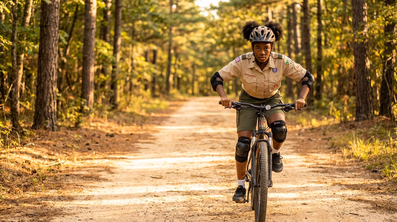 A Scout on a mountain bike demonstrating the ready (attack) position on a dirt trail, knees bent, elbows out, eyes forward