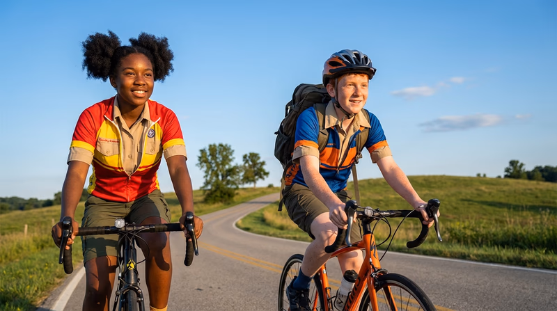 Two Scouts riding road bikes along a scenic rural road with rolling hills and a clear sky