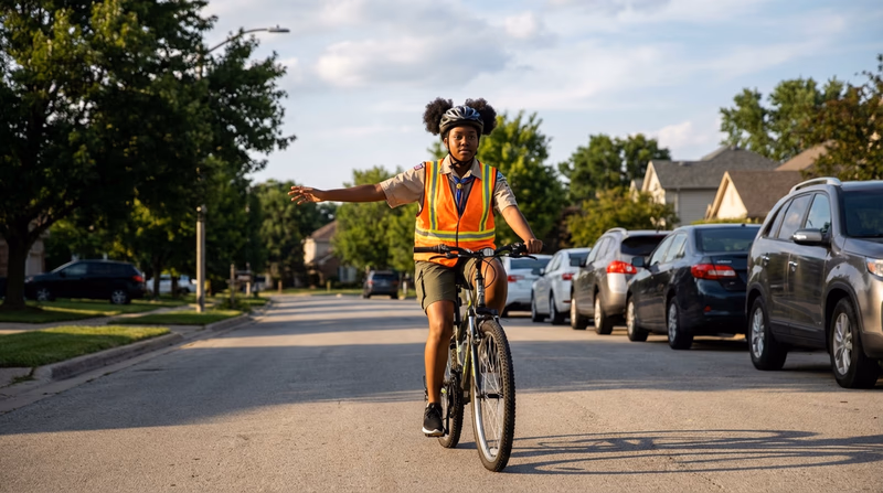 A Scout cycling on a suburban street demonstrating proper lane position, passing a row of parked cars with safe clearance