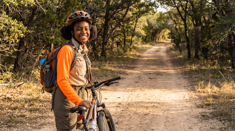 A Scout standing with a bicycle at a trailhead, helmet on, looking excited to start a ride