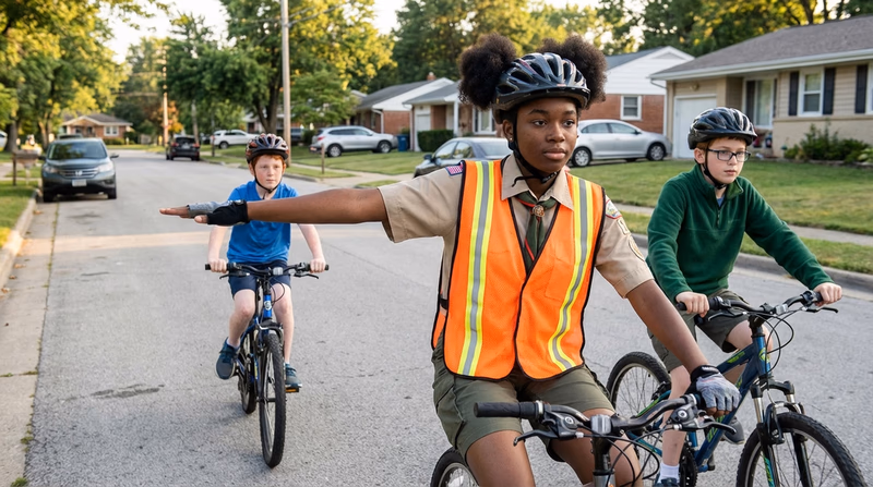 A Scout on a bicycle extending their left arm to signal a left turn, riding on a quiet residential street
