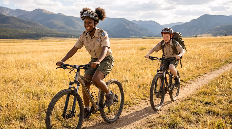 Two Scouts mountain biking together on a scenic trail through open meadow with mountains in the background