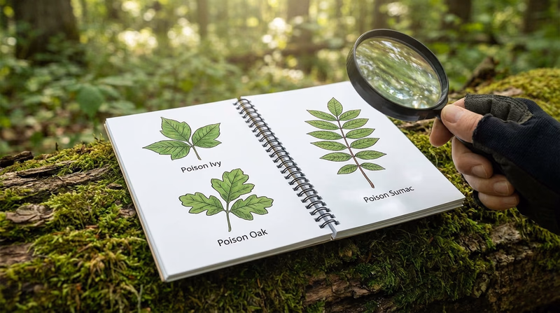 An illustrated guide showing poison ivy, poison oak, and poison sumac leaves side by side for identification