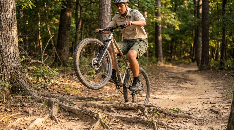 A Scout on a mountain bike crossing a section of trail with exposed tree roots, demonstrating proper body position