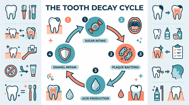 A circular diagram showing four stages of tooth decay: sugar enters the mouth, plaque bacteria consume sugar and produce acid, acid dissolves enamel minerals, and saliva repairs the damage