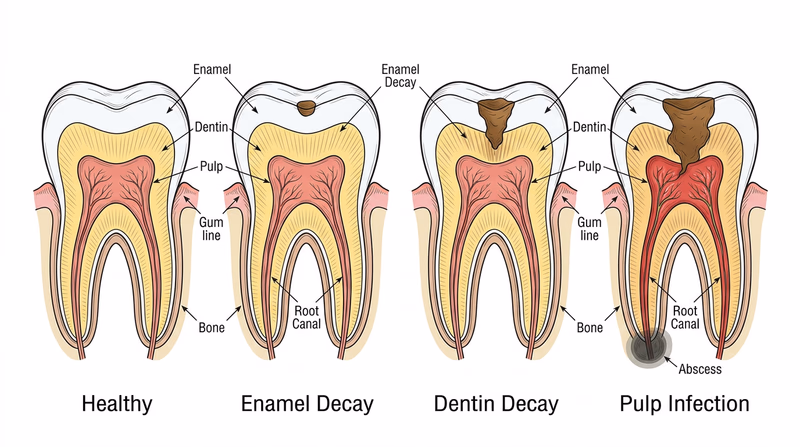 Four cross-section tooth illustrations showing progressive decay stages: healthy tooth, enamel cavity, dentin cavity, and pulp infection with abscess
