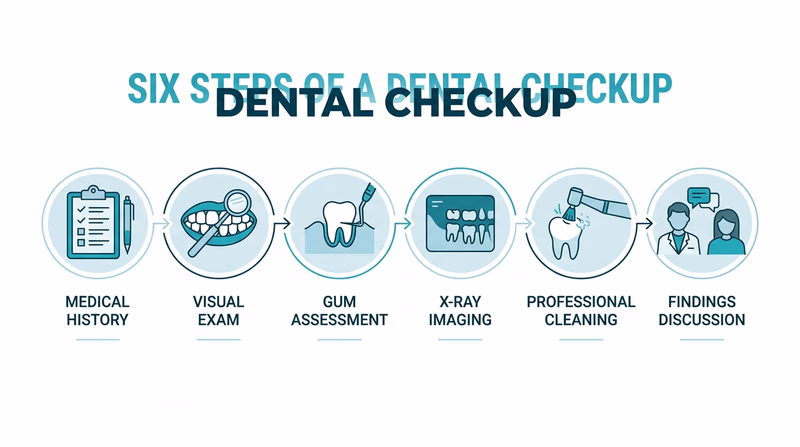 An infographic showing six steps of a dental checkup: medical history review, visual exam, periodontal probing, X-ray, professional cleaning, and findings discussion