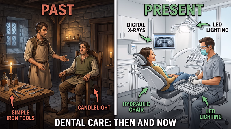 Split image showing a medieval barber-surgeon scene with simple iron tools on the left, and a modern dental office with digital screens, an adjustable chair, and high-tech equipment on the right
