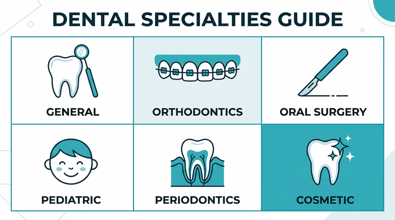 An infographic showing six icons representing dental specialties: General, Orthodontics, Oral Surgery, Pediatric, Periodontics, and Cosmetic, arranged in a clean grid layout