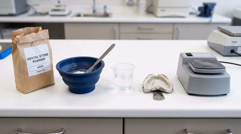 A clean dental lab workspace showing materials for making a dental stone cast: stone powder, mixing bowl, water measure, impression tray, and dental vibrator