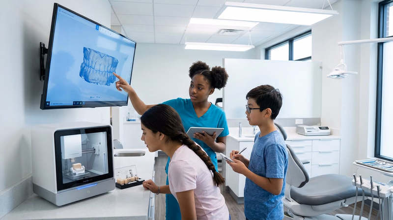 A modern dental office showing advanced technology: a wall-mounted screen displaying a 3D tooth scan, a CAD/CAM milling unit, and a dental professional reviewing results on a tablet
